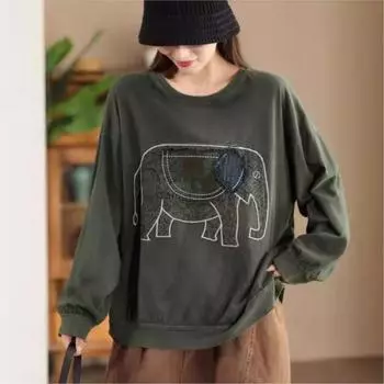 Johnature Женский Осенний Винтажный Картонный Линейный Патч Повседневный О-Образный Вырез Китайский Стиль Длинные Рукава Топы One Size зелёный