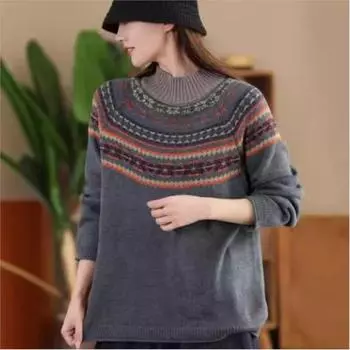 Johnature Женский Осенний Винтажный Нишевый Жаккардовый Свитер Полувысокий Воротник Свободный О-Образный Вырез Длинные Рукава Длинные Рукава Свитер One Size зелёный