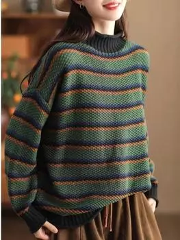 Johnature женский пуловер, полосатые свитера, лоскутная вязаная одежда с длинными рукавами, осенние женские винтажные свободные свитера One Size зелёный