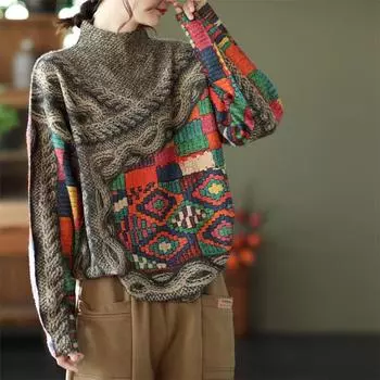 Johnature женский пуловер с цветочным принтом, свитера с длинными рукавами, осенние вязаные женские винтажные мягкие свободные свитера One Size