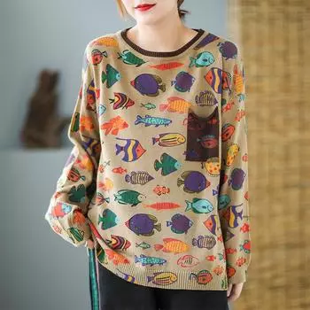 Johnature женский пуловер с цветочным принтом, свитера с круглым вырезом и длинными рукавами, осенняя одежда, свободные вязаные женские повседневные свитера