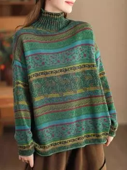 Johnature женский пуловер винтажные свитера с воротником-стойкой с длинным рукавом весенние вязаные хлопковые женские повседневные мягкие свитера One Size темно серый