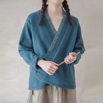 Johnature женский свитер с вышивкой в стиле ретро, вязаный кардиган с длинными рукавами и v-образным вырезом, осенний однотонный лоскутный свитер на пуговицах One Size чёрный