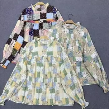 Johnature женский свободный пуловер с кружевным воротником и цветочным принтом, хлопковые рубашки с длинными рукавами, повседневная случайная лоскутная блузка, топы One Size кофейный