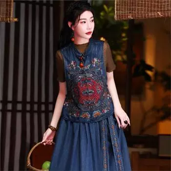 Johnature женский весенний модный винтажный свободный жилет в китайском стиле повседневный ковбойский жилет с вышивкой и пряжкой One Size