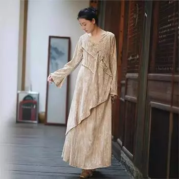 Johnature женский весенний принт с винтажным принтом, костюм с длинными рукавами, длинный винтажный индивидуальный костюм с расклешенными рукавами One Size чёрный