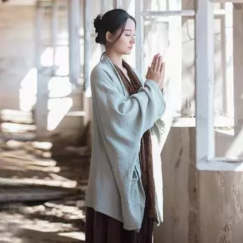 Johnature женский винтажный хлопковый Тренч с длинными рукавами и карманами, весенние пальто, однотонная свободная женская одежда в китайском стиле One Size светло-зеленый