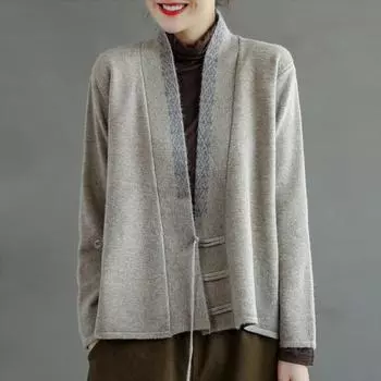 Johnature женский винтажный кардиган с вышивкой, полушерстяной свитер с v-образным вырезом и длинными рукавами на пуговицах, зимнее свободное однотонное пальто One Size чёрный