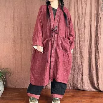 Johnature женский винтажный льняной осенний Тренч, однотонное пальто, пояс, лоскутные карманы, женский длинный Тренч в китайском стиле One Size красный