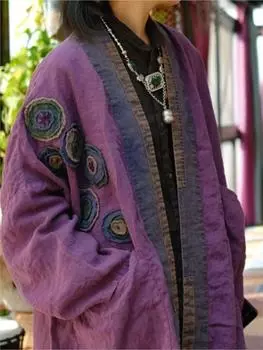 Johnature женский винтажный льняной плащ с длинными рукавами, весенние пальто фиолетового цвета, свободные женские лоскутные тренчи One Size фиолетовый