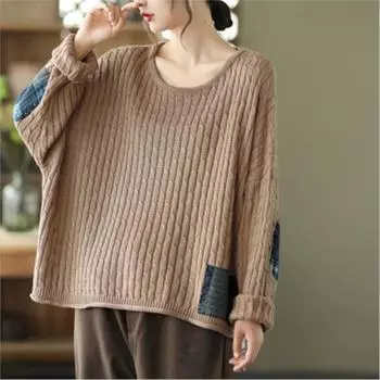 Johnature женский винтажный пуловер осенние свитера с круглым вырезом и длинными рукавами в стиле пэчворк Свободная женская одежда повседневные вязаные свитера