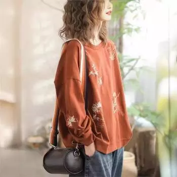 Johnature женский винтажный пуловер с вышивкой, весенние хлопковые махровые женские толстовки с круглым вырезом и длинными рукавами