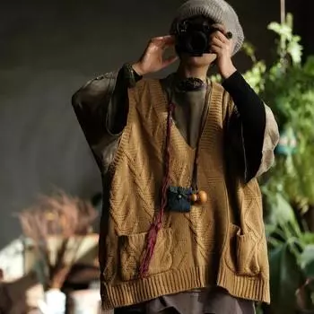 Johnature Женский винтажный пуловер, весенний вязаный мягкий топ без рукавов с V-образным вырезом One Size