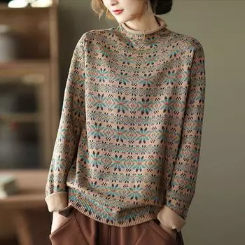 Johnature женский винтажный свободный повседневный свитер с цветочным принтом, водолазка с длинными рукавами, зимний пуловер в китайском стиле One Size хаки