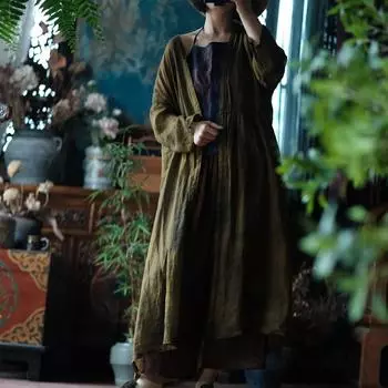 Johnature Женский винтажный тренч однотонный длинный рукав осеннее пальто V-образный вырез китайский стиль кардиган тренч One Size армия зеленый