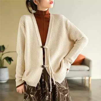 Johnature женский винтажный вязаный хлопковый кардиган, свитера с v-образным вырезом и длинными рукавами, осенние повседневные свободные женские свитера One Size