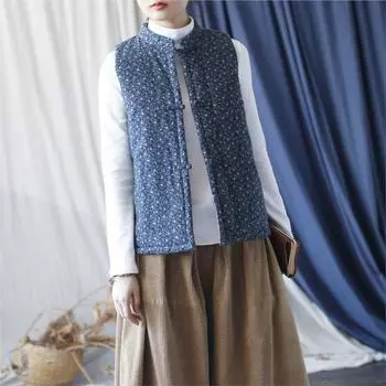 Johnature Женский жилет в стиле ретро с принтом, однобортный жилет в китайском стиле One Size синий