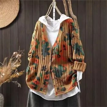 Johnature Женский зимний модный цветочный принт V-образный вырез винтажный свитер свободный длинный рукав однобортный повседневный свитер One Size