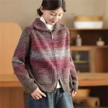 Johnature Женский Зимний Модный Принт Молния Устройство Свободный Свитер Длинные Рукава Блокировка Цвета Отложной Воротник Свитер One Size зелёный