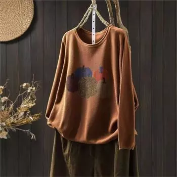 Johnature Женский зимний модный принт с круглым вырезом Свободный повседневный свитер с длинными рукавами в китайском стиле Винтажный свитер One Size