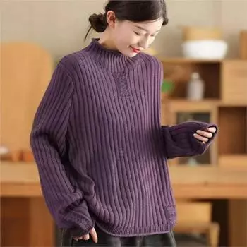 Johnature Женский зимний модный винтажный принт с воротником-стойкой, в китайском стиле, с длинными рукавами, однотонный свободный свитер One Size кофейный