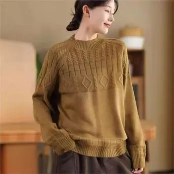 Johnature Женский зимний нишевый винтажный свитер с круглым вырезом и длинными рукавами в китайском стиле, однотонный свободный модный свитер One Size бежевый