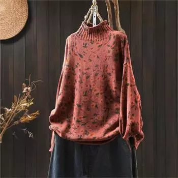 Johnature Женский зимний принт Свободный ленивый свитер с длинными рукавами в китайском стиле Повседневный свитер с воротником-стойкой One Size зелёный