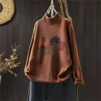 Johnature Женский зимний ретро-тыквенный принт с воротником-стойкой, свободный свитер, повседневный свитер с круглым вырезом и длинными рукавами в винтажном стиле One Size