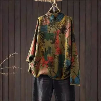 Johnature Женский зимний свитер с длинными рукавами и принтом, винтажный свитер с высоким воротом в китайском стиле, повседневный свитер One Size