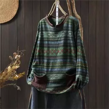 Johnature Женский зимний свитер с двойными карманами в китайском стиле, жаккардовый, с принтом в винтажном стиле, с длинными рукавами, свободный свитер с круглым вырезом One Size зелёный