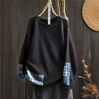 Johnature Женский зимний свитер с круглым вырезом и заплатками, свободный, с принтом, повседневный, в стиле ретро, с длинными рукавами, индивидуальный свитер One Size зелёный