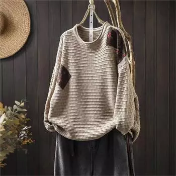 Johnature Женский Зимний Свободный Винтажный Повседневный Свитер с О-образным Вырезом Модный Длинный Рукав Цветочный Принт Сращивание Свитер One Size