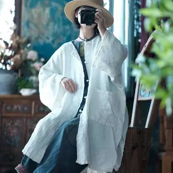 Johnature женское белое пальто в китайском стиле на пуговицах с длинным рукавом и круглым вырезом в стиле пэчворк с карманами, весеннее пальто One Size белый