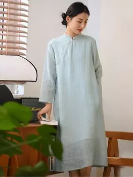 Johnature женское Cheongsam в китайском стиле, однотонное платье со стойкой и длинными рукавами на пуговицах, винтажное весеннее платье Ramie, женская одежда M серый