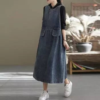 Johnature женское джинсовое платье свободное лоскутное винтажное длинное платье без рукавов на бретельках весенняя однотонная одежда L синий