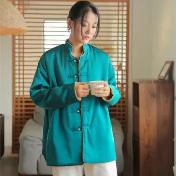 Johnature женское хлопковое пальто с ацетатной атласной подкладкой и длинным рукавом, свободное лоскутное пальто на пуговицах, зимнее однотонное пальто S светло-синий