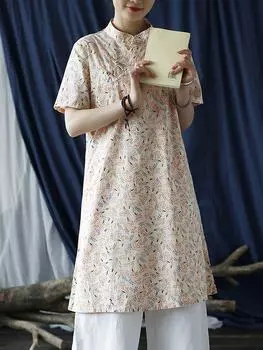Johnature женское хлопковое платье с цветочным принтом в китайском стиле, летнее платье Cheongsam с короткими рукавами и пуговицами One Size бежевый