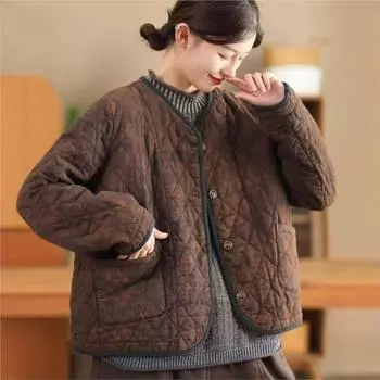 Johnature Женское китайское пальто с пуговицами и V-образным вырезом, длинными рукавами, теплые зимние принты, цветочные карманы, женские винтажные пальто One Size кофейный