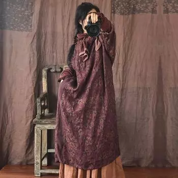 Johnature женское льняное платье с цветочным принтом, свободная одежда с круглым вырезом и длинными рукавами на пуговицах, осенние винтажные платья в китайском стиле One Size фиолетовый