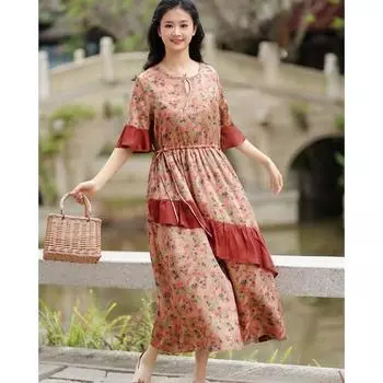 Johnature Женское летнее модное платье с принтом и короткими рукавами, контрастное платье с круглым вырезом One Size