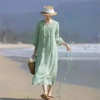 Johnature Женское летнее нишевое модное платье с вышивкой и короткими рукавами, свободное однотонное платье с круглым вырезом S зелёный