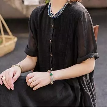 Johnature Женское летнее однобортное повседневное ретро-винтажное платье А-силуэта с короткими рукавами, однотонное платье с плетением S чёрный