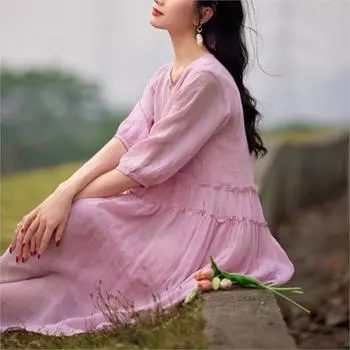 Johnature Женское летнее платье А-силуэта с круглым вырезом и короткими рукавами, модное повседневное винтажное однотонное платье с плетением S