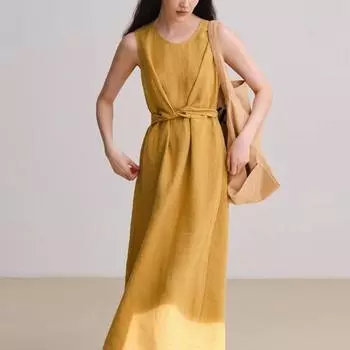 Johnature Женское летнее платье без рукавов А-силуэта Niche O-образный вырез Модное однотонное платье S жёлтый