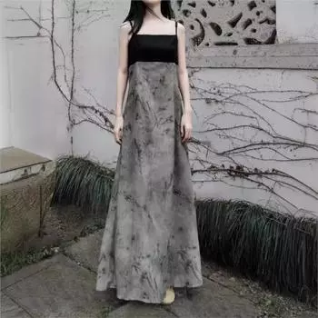 Johnature Женское летнее платье Niche в китайском стиле с принтом и разрезом по горловине, винтажное платье без рукавов L серый