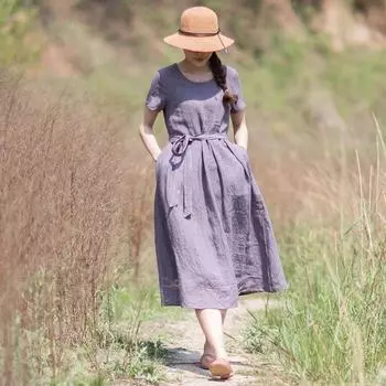 Johnature Женское летнее платье с круглым вырезом и короткими рукавами, корейское винтажное свободное однотонное ретро-платье S фиолетовый