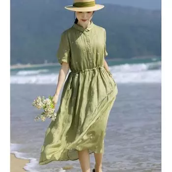 Johnature Женское летнее платье с вышивкой, свободное, с короткими рукавами, А-силуэтное платье с цветочным принтом и свободным воротником S