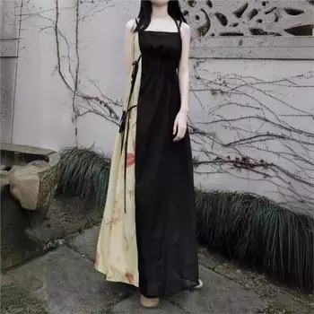 Johnature Женское летнее платье в китайском стиле с принтом в виде трапециевидной формы в стиле нишевого повседневного винтажного платья без рукавов XL чёрный