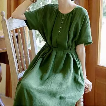Johnature Женское летнее винтажное платье с короткими рукавами в стиле ретро, повседневное однотонное платье-сращивание S зелёный