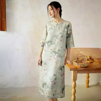 Johnature женское летнее винтажное платье трапециевидной формы в китайском стиле с семью рукавами и цветочным принтом M света кофе
